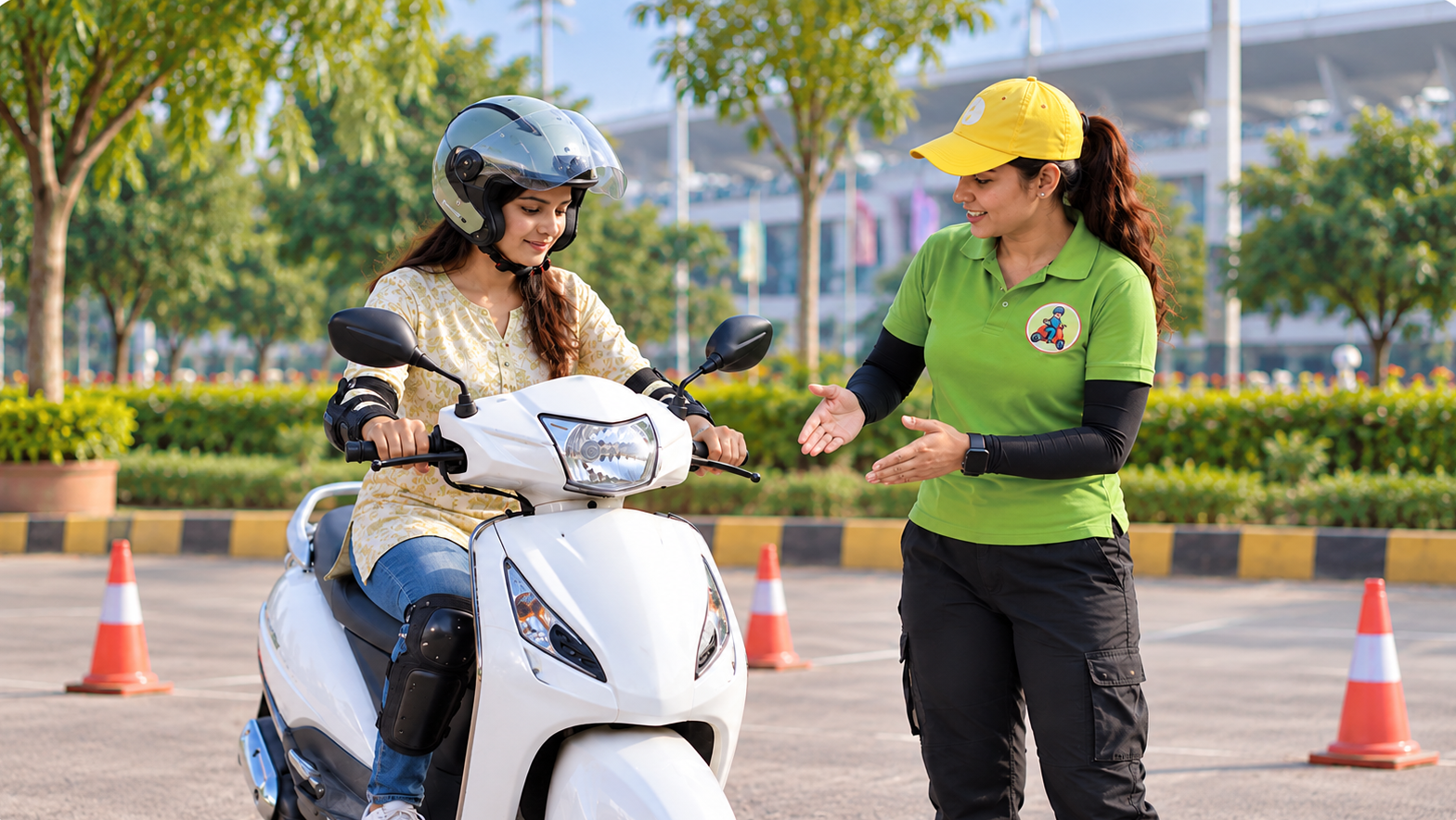 Female scooty trainer teaching a learner in Delhi NCR