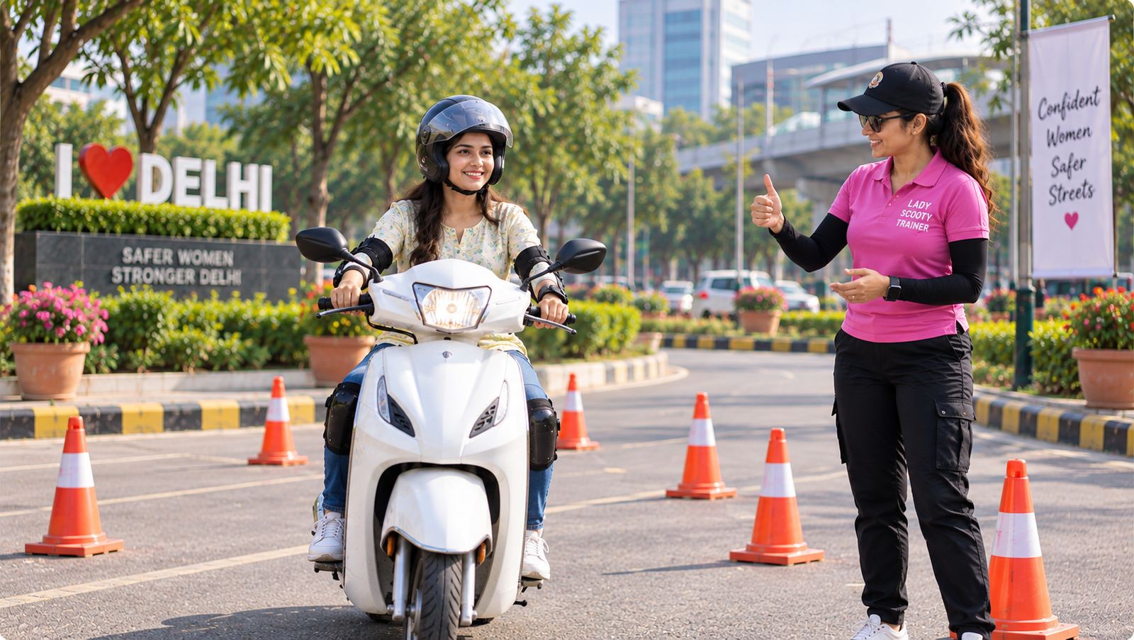 Female scooty trainer teaching a learner in Delhi NCR